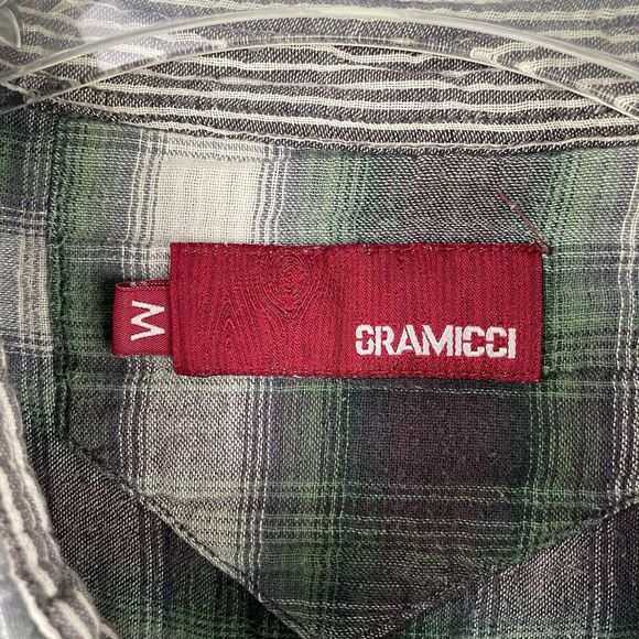Gramicci Flannel Shirt Men M Purple Green Plaid Grunge Outdoor School Work FLAW - Picture 3 of 13